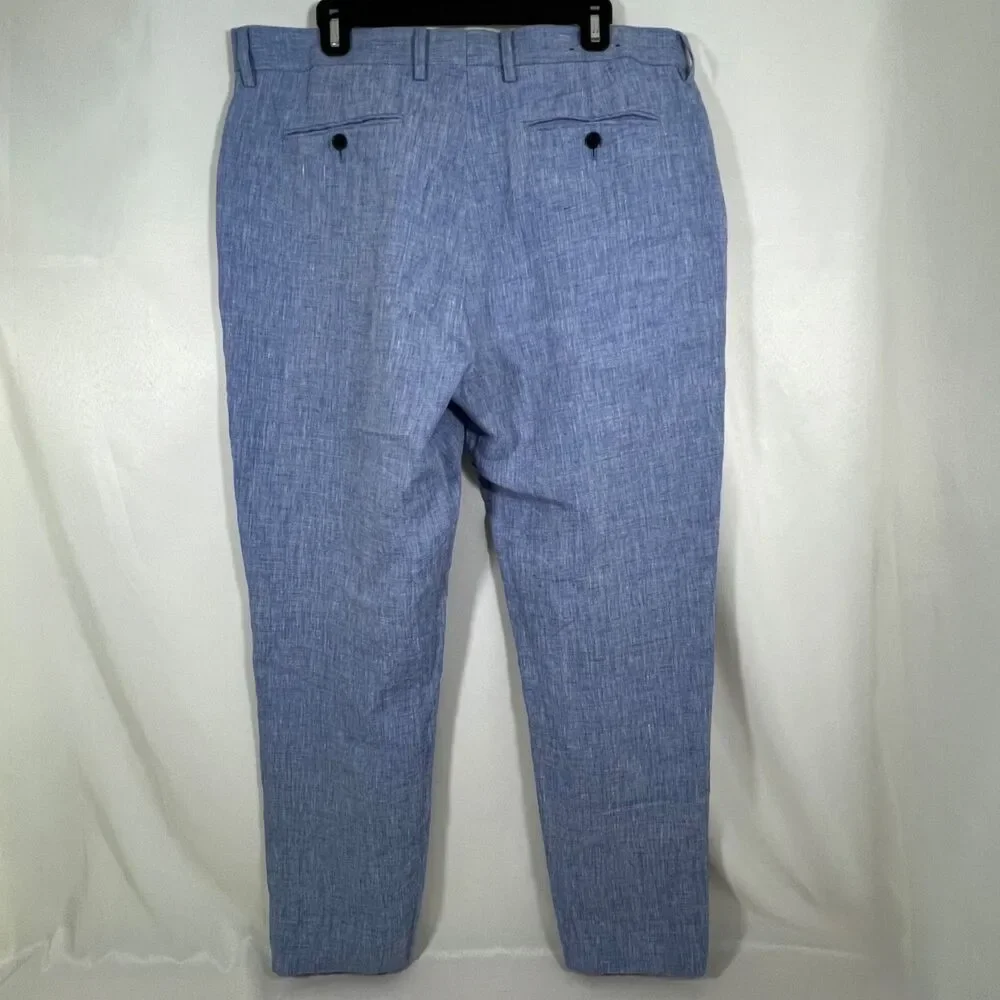 Banana Republic Mens Slim Textured 100% Linen Pants Bright Blue Chambray 36x32**